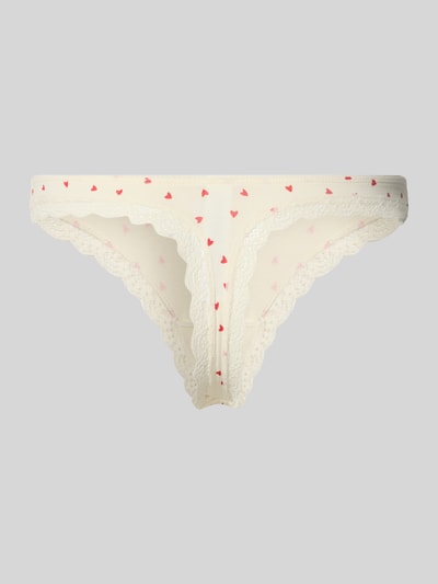 Produktfoto, String mit Spitzenbesatz von Jake*s Casual aus Baumwoll-Elasthan-Mix, Körpernahe Passform, elastischer Bund, zart cremefarben mit roten Herzchen und feiner Spitzenbesatz.