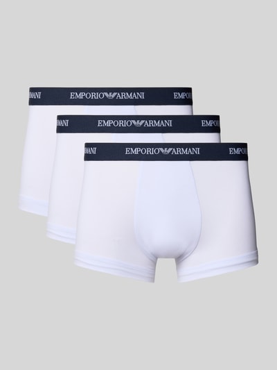 Produktfoto, Boxershorts mit elastischem Logo-Bund im 3er-Pack von Emporio Armani aus weißem Baumwoll-Elasthan-Mix mit schwarzem Logo-Bund, körpernaher Schnitt, 3er-Pack