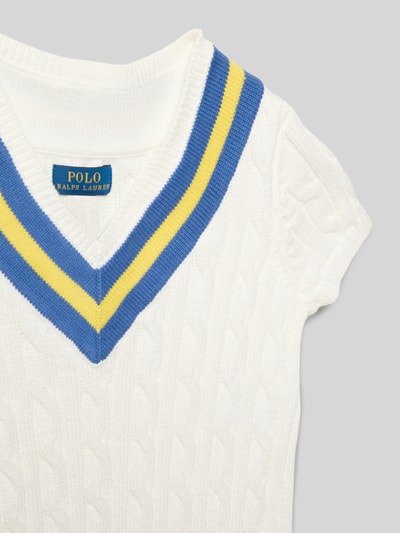 Productfoto, knielange Tricotjurk aus reiner katoen van Polo Ralph Lauren Teens met structuurpatroon, kabelpatroon, V-hals, korte mouw, labelprint, tricotverwerking en getailleerde pasvorm.