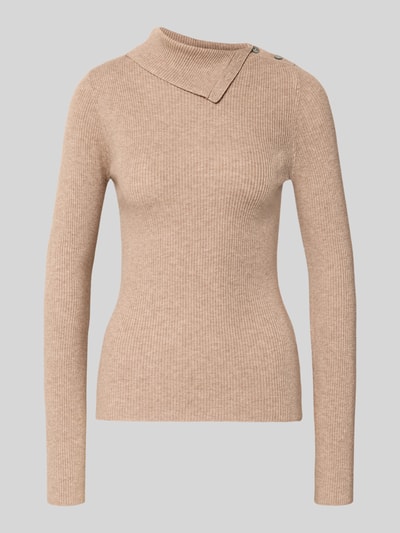 Produktfoto, Slim Fit Pullover aus Viskose-Mix in Strick-Optik von MYON, beige, gerippte Textur, Knopfleiste am Kragen, Damenmode