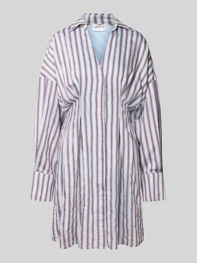 Produktfoto, tailliertes Freizeitkleid aus Viskose-Mix Modell 'D086' von Jake*s Casual w paski w odcieniach bieli, fioletu i brązu, lekko połyskująca tekstura