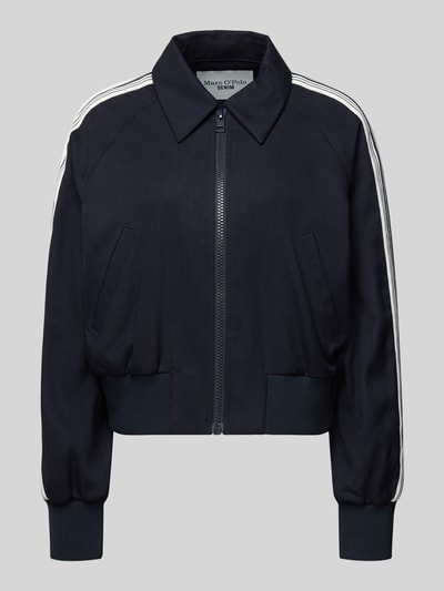 Produktfoto, Regular Fit Sweatjacke mit Viskose-Anteil von Marc O'Polo Denim, dunkelblau, unifarben, Reißverschluss, Kontraststreifen, gerippte Abschlüsse, seitliche Eingrifftaschen
