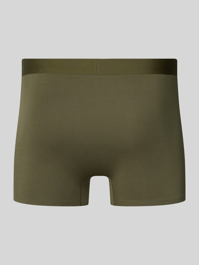 Produktfoto, Trunks mit elastischem Bund und Label-Detail von Schiesser in Olivgrün, körpernahe Passform, glatte Textur, Micromodal-Elasthan-Mix