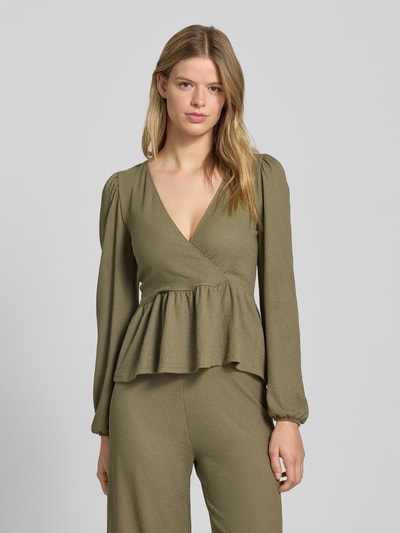 Only Slim fit shirt met lange mouwen in wikkellook, model '30 BILL' Kaki - 4