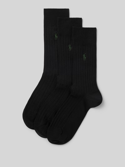 Produktfoto, Socken aus Baumwoll-Mix im 3er-Pack von Polo Ralph Lauren Underwear, schwarz mit feiner Rippenstruktur und gesticktem Logo.