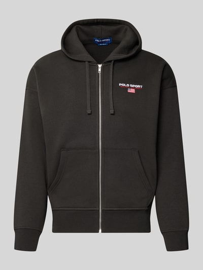 Produktfoto, schwarze Regular Fit Sweatjacke aus Baumwoll-Mix von Polo Ralph Lauren mit Kapuze, Reißverschluss und Logo-Detail auf der Vorderseite.