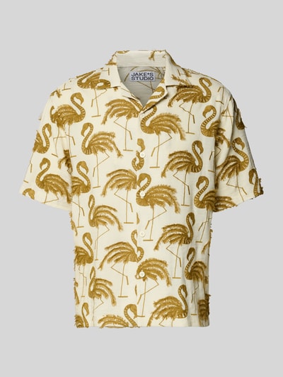 Produktfoto, Regular Fit Freizeithemd mit Reverskragen von JAKE*S STUDIO MEN in Gelb mit braunem Flamingo-Muster, kurzärmelig, strukturierte Stoffoberfläche, durchgehende Knopfleiste, lässiges Design
