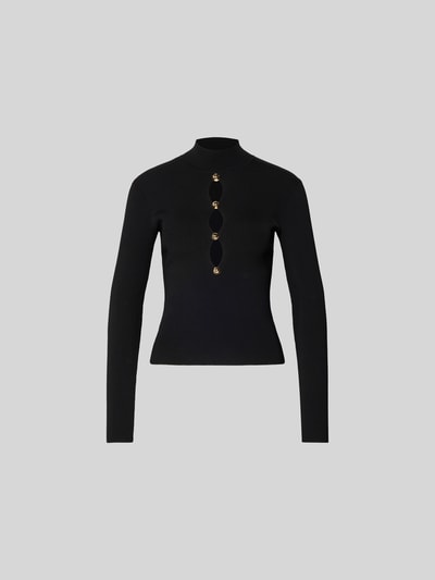 Produktfoto, schwarzer Slim Fit Longsleeve aus Viskose-Mix von Self-Portrait mit Cut-Outs, Zierbesatz und Rollkragen, glatte Struktur.