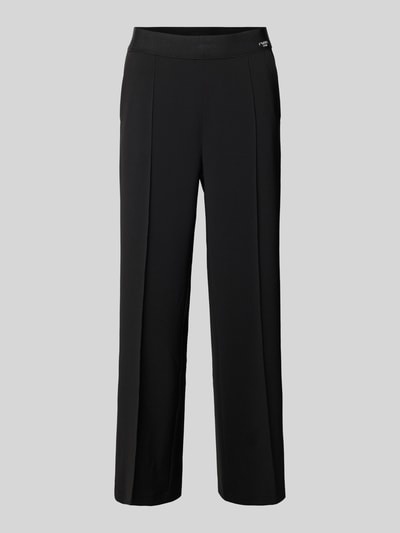 Produktfoto, schwarze Straight Fit Stoffhose mit Ziernaht Modell 'Cameron' von Cambio, verkürzte Passform, elastischer Bund, Logo-Print, Gesäßtaschen, Innenbeinlänge 67 cm, Bundweite 39 cm in Größe 36, glatte Struktur.