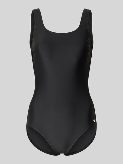 Produktfoto, Slim Fit Badeanzug mit Rückenausschnitt Modell 'Elena' von LASCANA, Schwarz, Elastischer-Material-Mix, Ärmelloses-Design, Rundhalsausschnitt, Logo-Detail