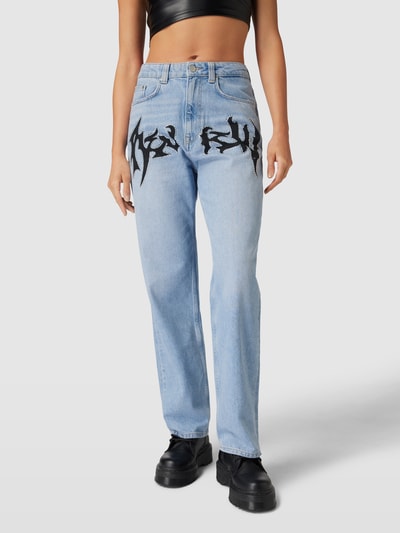 Review Baggy Jeans mit TECHNO Logo Print Hellblau 4