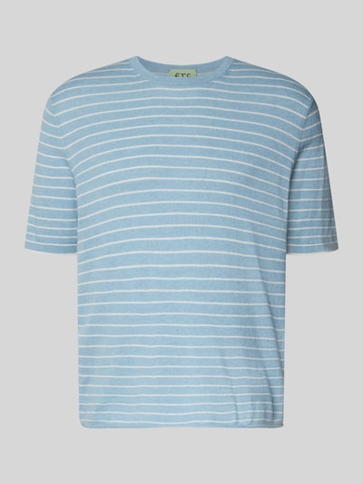Produktfoto, T-shirt in tricotlook met kasjmier-aandeel van FTC Cashmere, heren, mix van katoen en lyocell, recht model, halflange mouwen, ruglengte maat 50: 65 cm, lichtblauw met witte strepen