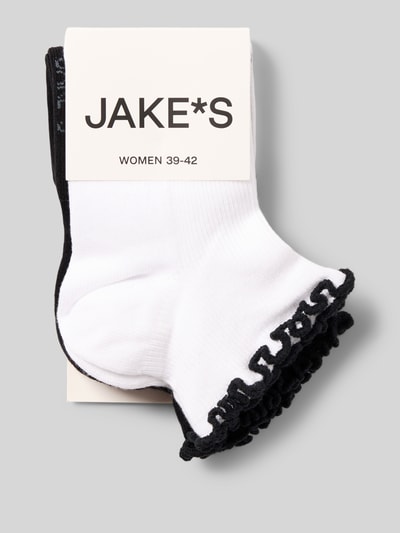 Produktfoto, Socken mit Wellensaum im 2er-Pack von Jake*s Casual aus Baumwoll-Mix mit Stretch-Anteil, körpernahe Passform, elastisches Rippenbündchen, Weiß mit schwarzem Abschluss, strukturierte Oberfläche