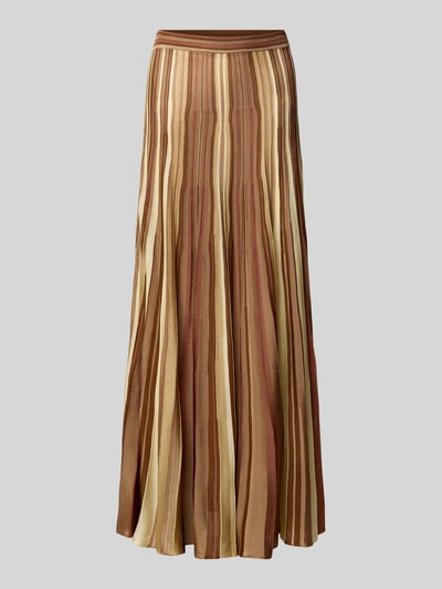 Produktfoto, Maxirock aus Viskose im Allover-Look van Bash, dames maxirok A-lijn, zuiver viscose, elastische band, bandwijdte maat S 34 cm, totale lengte maat S 92 cm, gestreept bruin-beige, gladde textuur