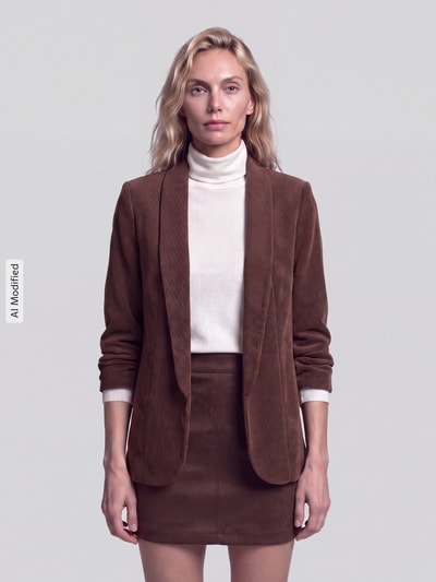 Frauenmodel trägt taillierten Kurzblazer mit 3/4-Arm Modell 'BOSELLA' von PIECES in Braun mit weißem Oberteil, Ganzkörperansicht von vorne, KI-modifiziertes Bild.