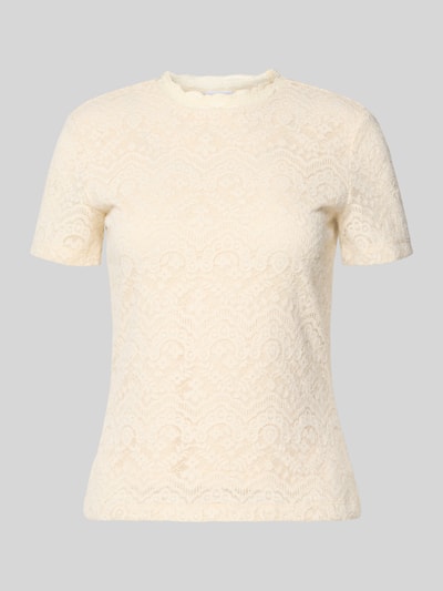 Produktfoto, cremefarbenes T-Shirt aus Spitze mit Rundhalsausschnitt von Jake*s Collection, Material-Mix, Slim Fit, feine Struktur