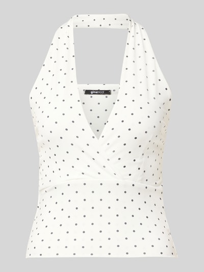 Produktfoto, Slim Fit Top mit Neckholder von Gina Tricot in Weiß mit schwarzen Punkten, Elastischer-Material-Mix, V-Ausschnitt, Rückenlänge 58 cm in Größe S.