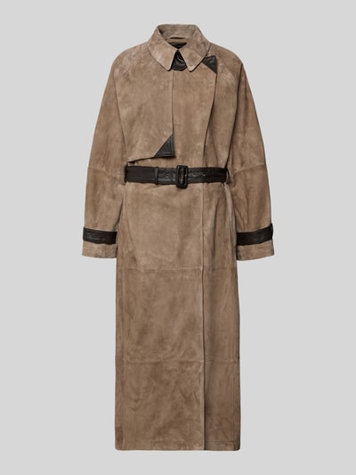 Produktfoto, Ledermantel mit Gürtel und Ärmelriegeln von Emporio Armani in Braun- und Schwarztönen, Relaxed Fit, Umlegekragen, glatte Lederstruktur