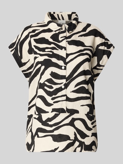 Produktfoto, Regular Fit Bluse aus Leinen-Viskose-Mix Modell 'LINNO' von ICHI mit schwarz-beigem Allover-Look, Hemdblusenkragen, Knopfleiste, Rückenlänge 64 cm bei Größe 36, leichte Textur.