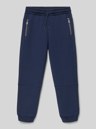 Produktfoto, Sweatpants mit Reißverschlusstaschen von Mayoral, bawełniany materiał z dodatkiem stretchu, krój regular fit, ściągacz, sznurek, długość nogawki w rozmiarze 116: 51 cm, kieszenie na zamek, kolor granatowy, gładka tekstura