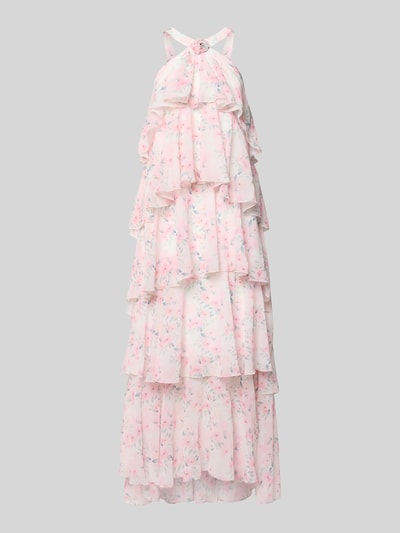 Produktfoto, Volant Abendkleid mit V-Ausschnitt Modell 'FELICIA' von Vero Moda, unifarbenes, rosafarbenes Maxi-Volantkleid aus Chiffon mit feiner Struktur