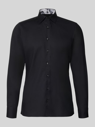 Produktfoto, schwarzes Slim Fit Business Hemd aus Baumwoll-Elasthan-Mix mit Kentkragen von OLYMP Level Five, Knopfleiste, glatte Oberfläche.