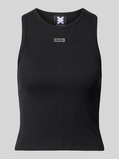 Produktfoto, Tanktop mit Rundhalsausschnitt und Label-Patch von Karo Kauer in Schwarz, Baumwoll-Mix mit Stretch-Anteil, Feinripp, Körpernaher-Schnitt