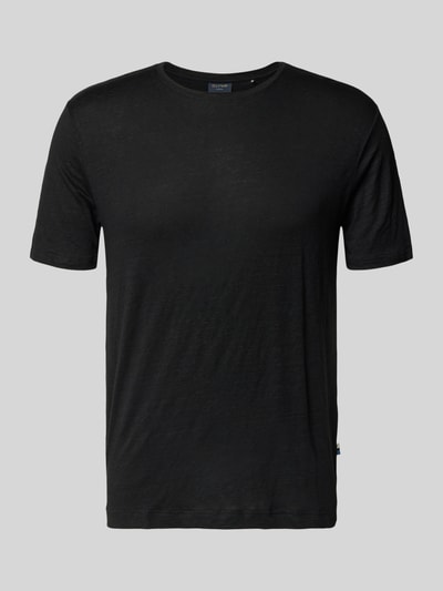 Produktfoto, zwart heren T-shirt uit mix van linnen en elastaan met ronde hals, regular fit, labeldetail, ruglengte maat M 69 cm, T-shirt uit Leinen-Elasthan-Mix met Rundhalsausschnitt van OLYMP Level Five