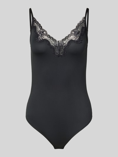 Produktfoto, Body mit Spitze Modell 'LILI' von PIECES, Damen Body in Schwarz mit floraler Spitze am Ausschnitt, glatte Textur, neutraler Hintergrund