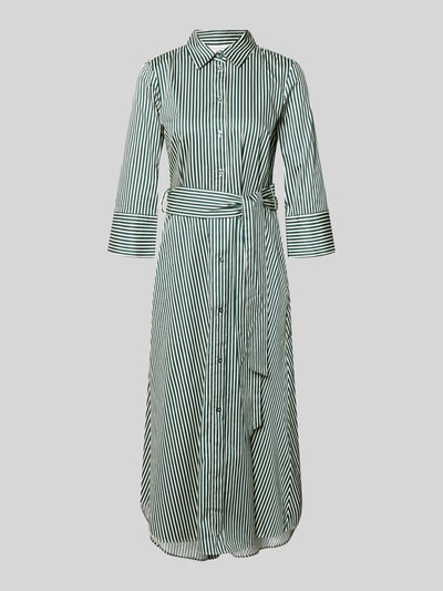 Produktfoto, Midikleid mit Hemdblusenkragen von Christian Berg Woman, Reine Baumwolle, Taillierte Passform, 3/4-Arm, durchgängige Knopfleiste, Abnehmbares Taillenband, Rückenlänge bei Größe 36: 123 cm, Brustweite bei Größe 36: 48 cm, Ärmellänge bei Größe 36: 48 cm, vertikale und diagonale grün-weiße Streifen, glatte Stoffstruktur