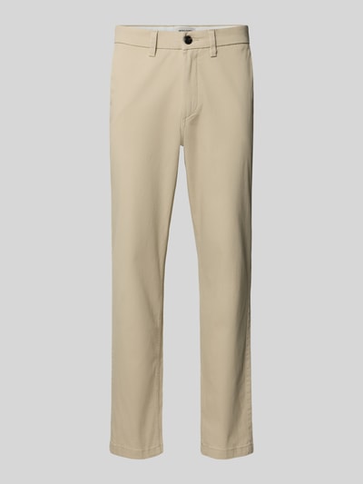 Productfoto, beige Straight Fit Chino met achterzakken model 'Stollie' van Jack & Jones, elastische katoenmix, rechte pasvorm, knoop- en ritssluiting, steekzakken, taillewijdte 44 cm, binnenbeenlengte 75 cm