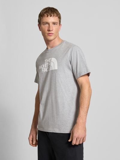 Männermodel trägt graues Regular Fit T-Shirt mit Logo-Print Modell 'Evolution' von The North Face, Baumwoll-Mix, Nahaufnahme Oberkörper.