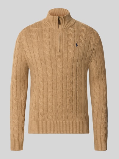 Produktfoto, beiger Strickpullover mit Zopfmuster, gerippte Abschlüsse, Relaxed Fit Troyer aus reiner Baumwolle von Polo Ralph Lauren