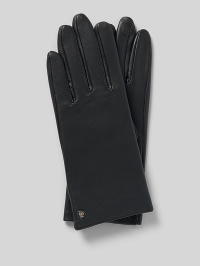 Produktfoto, Handschuhe aus Nappaleder mit Fleecefutter von Roeckl, schwarzes Echtleder, glatte Oberfläche, Logo-Detail, Fingerhandschuhe