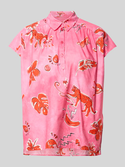 Produktfoto, Regular Fit Bluse im Allover-Look von Milano Italy aus reiner Baumwolle, rosa mit roten und weißen Mustern, Hemdblusenkragen, kurze Ärmel