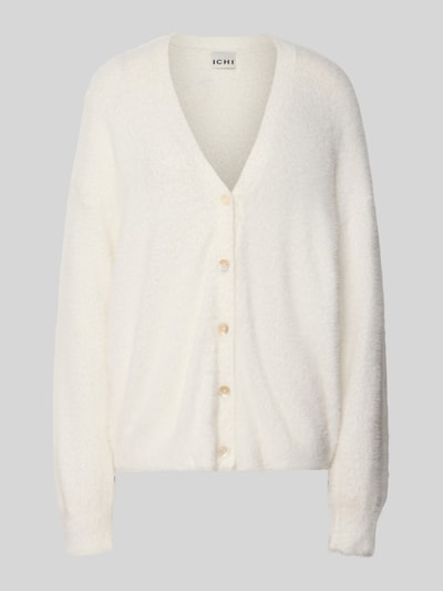 Produktfoto, Strickjacke mit durchgängiger Knopfleiste Modell 'BRULA' von ICHI in Offwhite, Strick-Optik, Oversized Fit, gerippte Bündchen