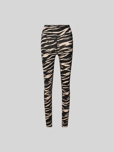Produktfoto, Slim Fit Leggins aus Viskose-Mix von Lala Berlin mit Allover-Animal-Print, Logo-Detail und Knöchellänge, schwarz-beige