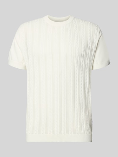 Produktfoto, T-Shirt mit Zopfmuster von Lindbergh z czystej bawełny, prosty krój, dzianinowa faktura, okrągły dekolt, długość pleców w rozmiarze M: 68 cm