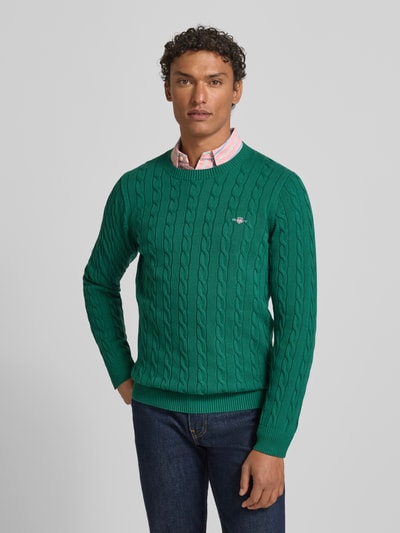 GANT Sweter z dzianiny ze ściegiem warkoczowym i wyhaftowanym logo Ciemnozielony 4