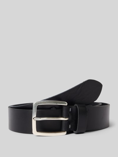Produktfoto, czarny skórzany pasek z klasyczną srebrną klamrą, model 'Gürtel mit Dornschließe Modell JEANSER' od Lloyd Men's Belts, szerokość 4 cm, widok z przodu