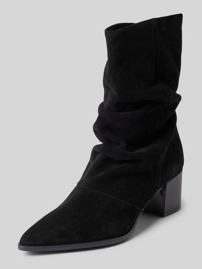 Produktfoto, Stiefel aus echtem Leder von Copenhagen in Schwarz mit glatter Sohle, spitze Passform, Raffungen, 6 cm Absatz, 22 cm Schafthöhe, 17 cm Schaftweite