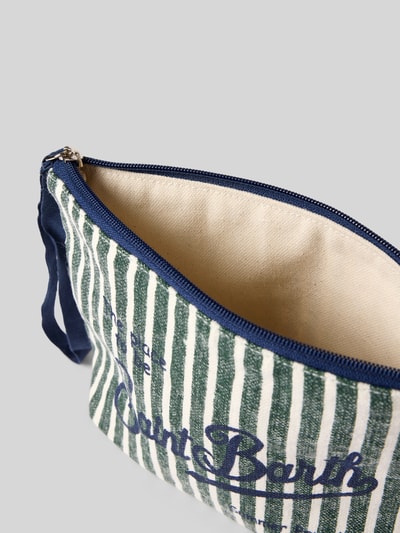 Produktfoto, Kosmetiktasche aus Leinen mit Statement-Print Modell 'ALINE' von MC2 Saint Barth, grün-weiß gestreift, Reißverschluss, Label-Print, texturierte Stoffoberfläche