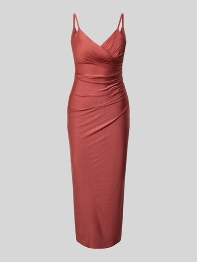 Produktfoto, satynowe Cocktailkleid mit Spaghettiträgern und V-Ausschnitt von TROYDEN COLLECTION, krój dopasowany, długość midi, dekolt V z przodu i z tyłu, tylni zamek, rdzawoczerwony odcień, gładka tekstura, długość pleców w rozmiarze 36: 125 cm, szerokość w rozmiarze 36: 37 cm