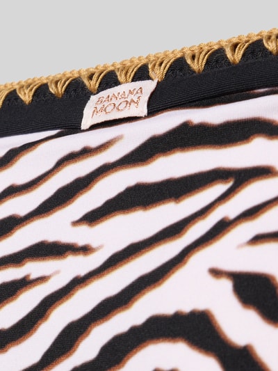 Produktfoto, Bikinihose im Allover-Look Modell 'SADIA WILDJUNGLE' von Banana Moon, Dschungel-Print, Material-Mix mit Stretch-Anteil, seitliche Schnürung, Körpernahe Passform, Strukturmix in Braun, Schwarz und Weiß