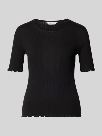 Produktfoto, schwarzes T-Shirt mit Wellensaum und Rundhalsausschnitt, Ripp-Optik, Slim Fit, reine Baumwolle, UNICA von b.young