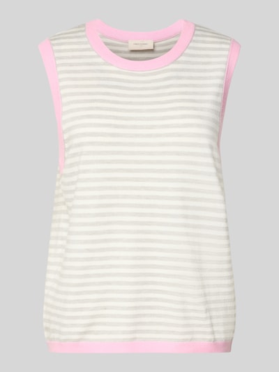 Produktfoto, Relaxed Fit Top aus Viskose-Mix Modell 'Zanti' von FREE/QUENT, wit met lichtgrijze strepen, gebreide look, mouwloos, elastische afwerkingen, lengte rug maat S 55 cm