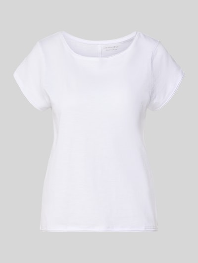 Produktfoto, T-Shirt mit Rundhalsausschnitt von Christian Berg Woman, damski t-shirt z bawełny, krój regular fit, zrolowany brzeg, długość tyłu 61 cm w rozmiarze S, kolor biały, gładka tekstura