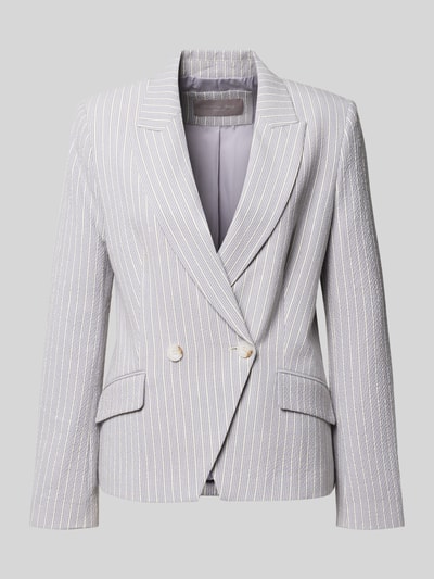 Productfoto, Regular Fit Blazer aus Seersucker mit Streifen und Lurex van Christian Berg Woman Selection, lichtgrijs met witte en glinsterende strepen, reverskraag, klepzakken, knoopsluiting, rechte vorm, lichte textuur, context: dames blazer, ruglengte 63 cm, borstwijdte 39 cm, mouwlengte 63 cm.