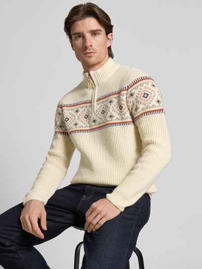 RAGMAN Sweter z mieszanki wełny z norweskim wzorem i kołnierzem zapinanym Złamany biały 3