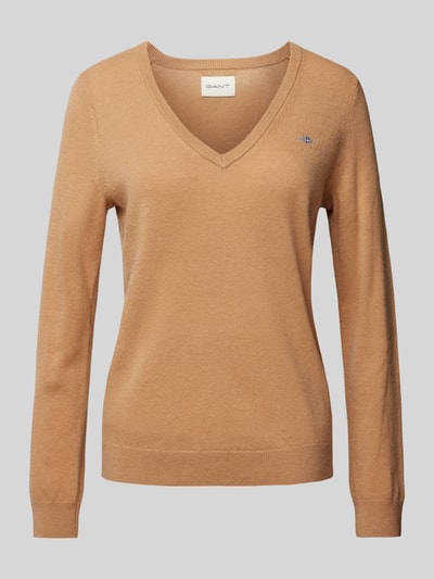 Gant Wollen pullover met V-hals Lichtbruin - 1